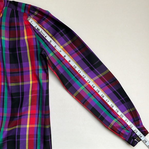Vintage Colorful Taffeta Plaid Funnel Neck Holiday Winter Blouse Size Small - Picture 13 of 15